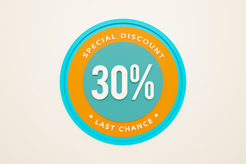 Sale 30% discount. Retail marketing, discount sign to promote commercial activities. Consumerism, thirty percent, buying and shopping.
