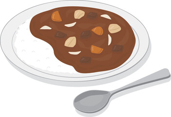 皿の上のカレーライスとスプーン