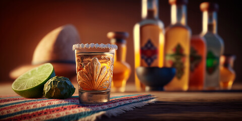 A still life of colorful glasses and bottles of tequila and mezcal, a Mexican spirit, creates a beautiful bokeh effect.