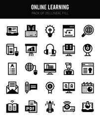 25 Online Learning Lineal Fill icons Pack vector illustration.