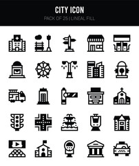 25 City Lineal Fill icons Pack vector illustration.