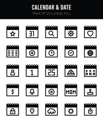 25 Calendar and Date Lineal Fill icons Pack vector illustration.