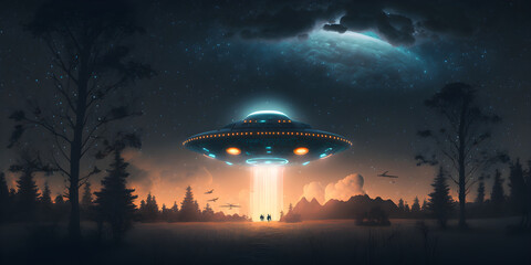Flying saucer flies at night in sky oversilhouette of man standing in field. Alien abduction. Created with Generative AI