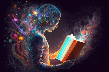 People gain knowledge, skills and ideas as a result of learning through books. Creative abstract illustration. Neural connections, space, self-knowledge. Generative AI