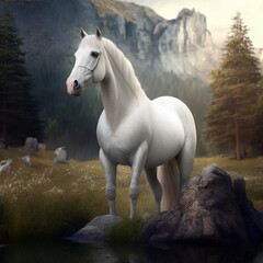 white horse in open grass field
