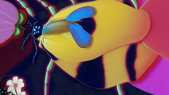 Generative ai motion animation of surreal painting of beetles and flowers. Digital image painted manipulation of nature in oil painting style.