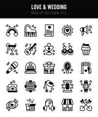 25 Love And Wedding Lineal Fill icons Pack vector illustration.
