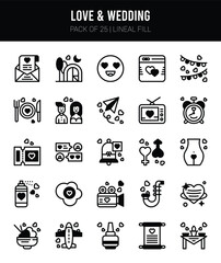 25 Love And Wedding Lineal Fill icons Pack vector illustration.