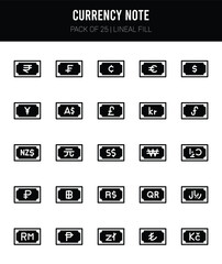25 Currency Note Lineal Fill icons Pack vector illustration.