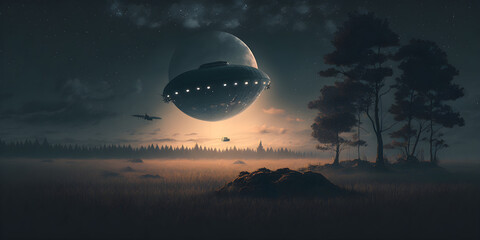 Flying saucer flies at night in sky oversilhouette of man standing in field. Alien abduction. Created with Generative AI
