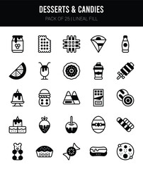 25 Desserts and Candies Lineal Fill icons Pack vector illustration.