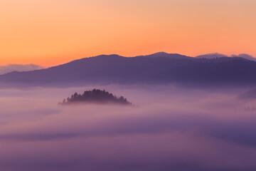 fog filling the mountain valley, Bieszczady