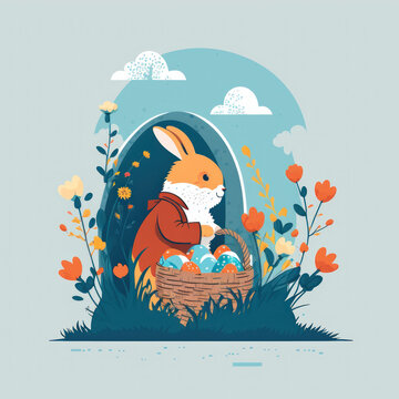 Easter banny goes and carry basket with colored eggs, meadow and blue sky. Storybook illustration, flat illustration, pastel colors. Easter, birthday or childhood concept. Generative AI