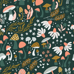 Mushroom and flower seamless pattern with beautiful florals, leaves and buds. Beautiful woodland garden in nature. Colorful vector illustration.