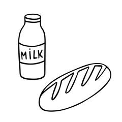 Milk and loaf doodle, cooking nutrient. Hand-drawn tasty food, proper eating, healthy diet. Sketch, minimalism, line art. Isolated. Vector illustration