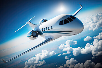 White Luxury generic design private jet flying with white clouds at background. 