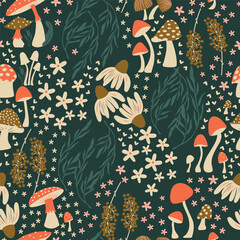 Mushroom and flower seamless pattern with beautiful florals, leaves and buds. Beautiful woodland garden in nature. Colorful vector illustration. - 576275913