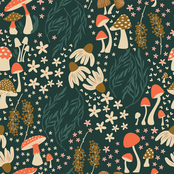 Mushroom and flower seamless pattern with beautiful florals, leaves and buds. Beautiful woodland garden in nature. Colorful vector illustration.