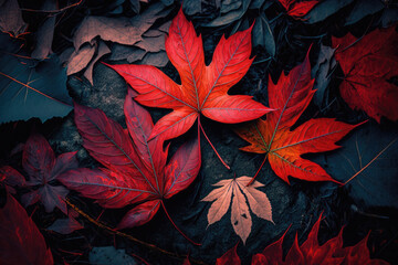 Fototapeta premium Red autumn maple leaves laying on the forest ground