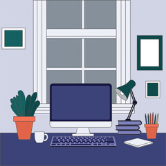 Computer desk workplace concept, flat design vector illustration
