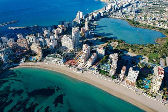 Aerial panoramic view of the beautiful city of Calp in Spain with Pe&ntilde;&oacute;n de Ifach Parc Natural