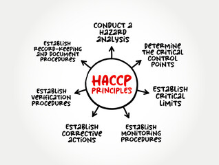 HACCP PRINCIPLES, identification, evaluation, and control of food safety hazards based on the following seven principles, mind map concept for presentations and reports