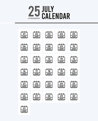 25 July Calendar Outline icons Pack vector illustration.