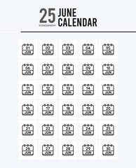 25 June Calendar Outline icons Pack vector illustration.
