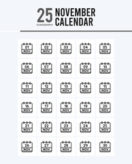 25 November Calendar Outline icons Pack vector illustration.