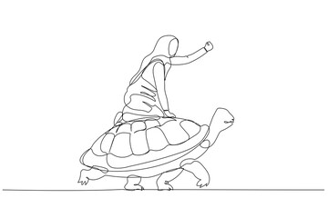 muslim woman riding fast on a turtle concept of high speed development on slow landscape