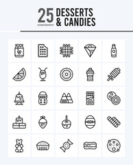 25 Desserts and Candies Outline icons Pack vector illustration.