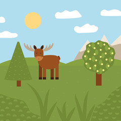 Obraz na płótnie Canvas animals in a meadow, moose in the fields,vector cartoon illustration