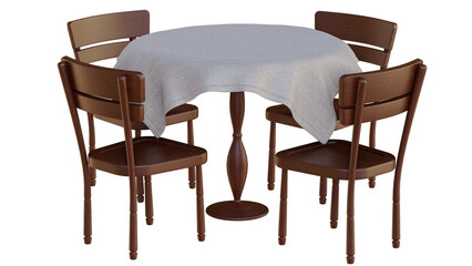 Empty wooden table, tablecloth and chairs isolated on a transparent PNG background. 