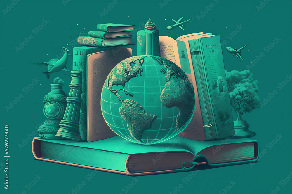 Wall mural conceptual art of some books on a turquoise green background from which various objects come out for