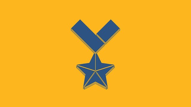 Blue Military reward medal icon isolated on orange background. Army sign. 4K Video motion graphic animation