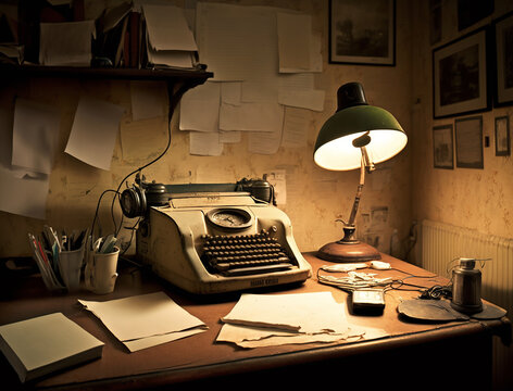 1950s, A cluttered work desk in a small, cramped office with peeling paint and outdated wallpaper Generative AI