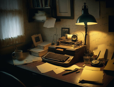 1950s, A cluttered work desk in a small, cramped office with peeling paint and outdated wallpaper Generative AI
