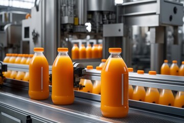 Drink factory production line fruit juice beverage product at conveyor belt, AI generated