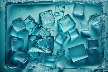 Background texture with cracked blue ice glass fragments. Frozen water up close. AI generated