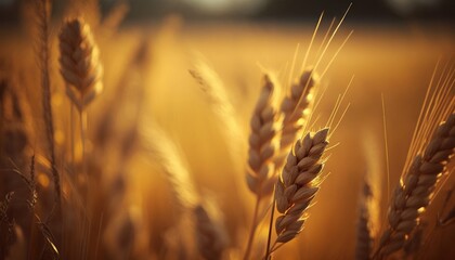 Golden hued wheat field in the season. Close up with a shallow depth of field and bokeh that is abstract. The context of a nutrition idea. AI generated
