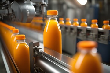 Drink factory production line fruit juice beverage product at conveyor belt, AI generated