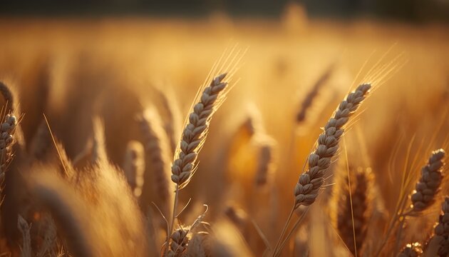 Golden hued wheat field in the season. Close up with a shallow depth of field and bokeh that is abstract. The context of a nutrition idea. AI generated