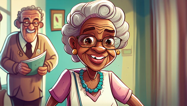 Ai generated. Concept of family care and health care environment. Smiling afro woman dand her senior husband . Person helping an elderly relative.
