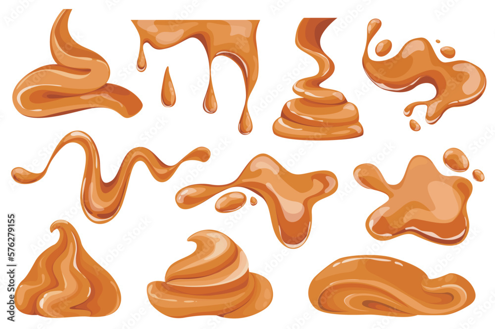 Aufkleber melted caramel set graphic elements in flat design. bundle of caramel flowing and dripping, liquid t