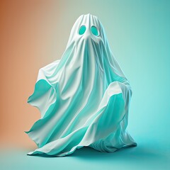 Ilustration of a ghost, phantom silhouette isolated on blue background. Halloween spooky monster flying in night. Generative AI