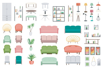Furniture set graphic elements in flat design. Bundle of different tables, lamps, armchairs, plants, sofas, decor, chairs and other items for cozy home interior. Vector illustration isolated objects