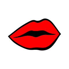 Simple Red Lips kiss. Vector patch, sticker isolated on white. Cool sexy red kissed. Cartoon Sign for print, in comics, Fashion, pop art, retro style