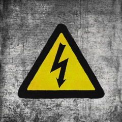 High voltage sign, yellow and black on gray. Electrical hazard emblem, grunge textured