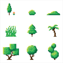 trees and backyard bushes pixel art icon set. Forest elements logo collection. 8-bit sprite. Game development, mobile app. Isolated vector illustration.
