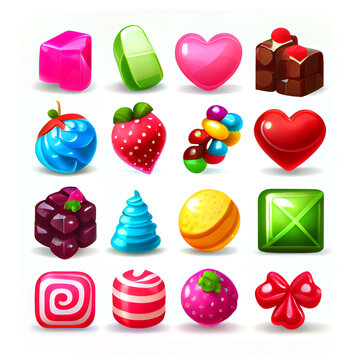 Set of hard candy, lollipop, chocolate and jelly icons. Isolated elements on white background. Perfect for match three game or other gaming design. Generative Ai.